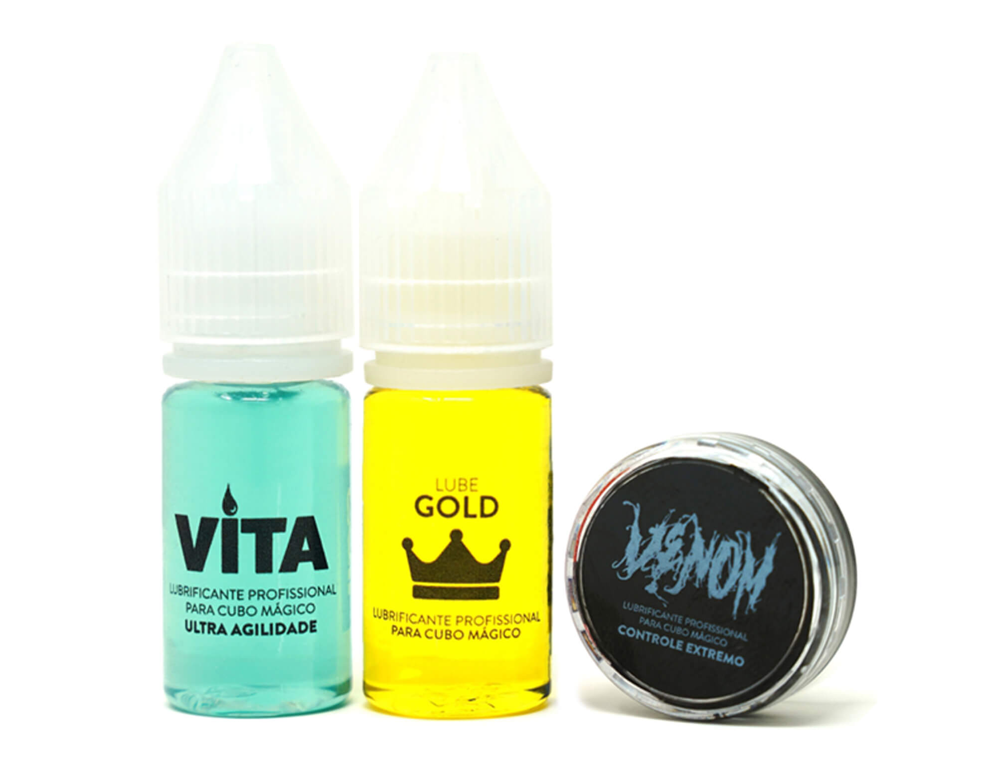 Kit com três lubrificantes Cuber Pro — Vita, Gold e Venom — para manutenção do Cubo Mágico