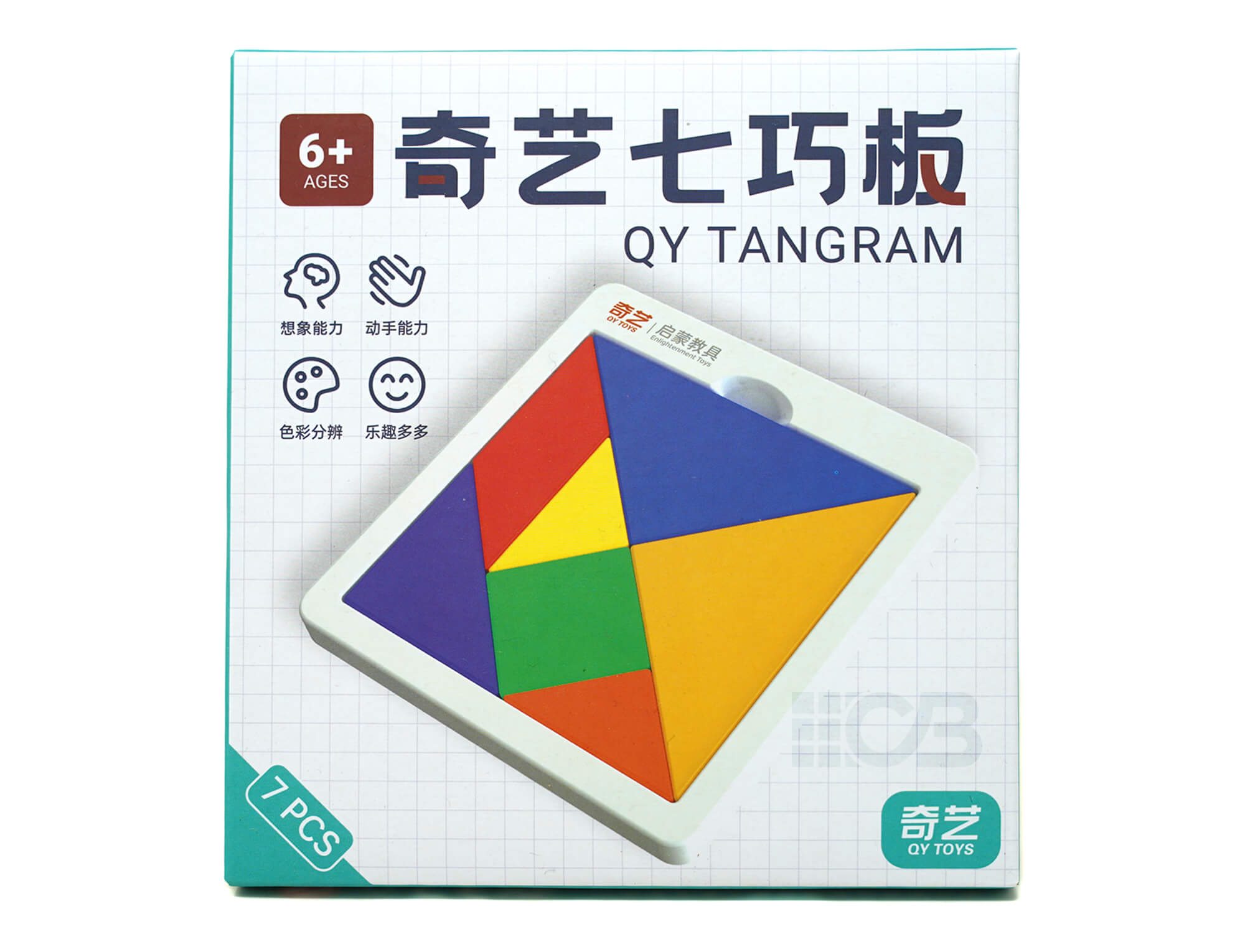 Vista aproximada das peças coloridas do Tangram Kids QiYi mostrando acabamento