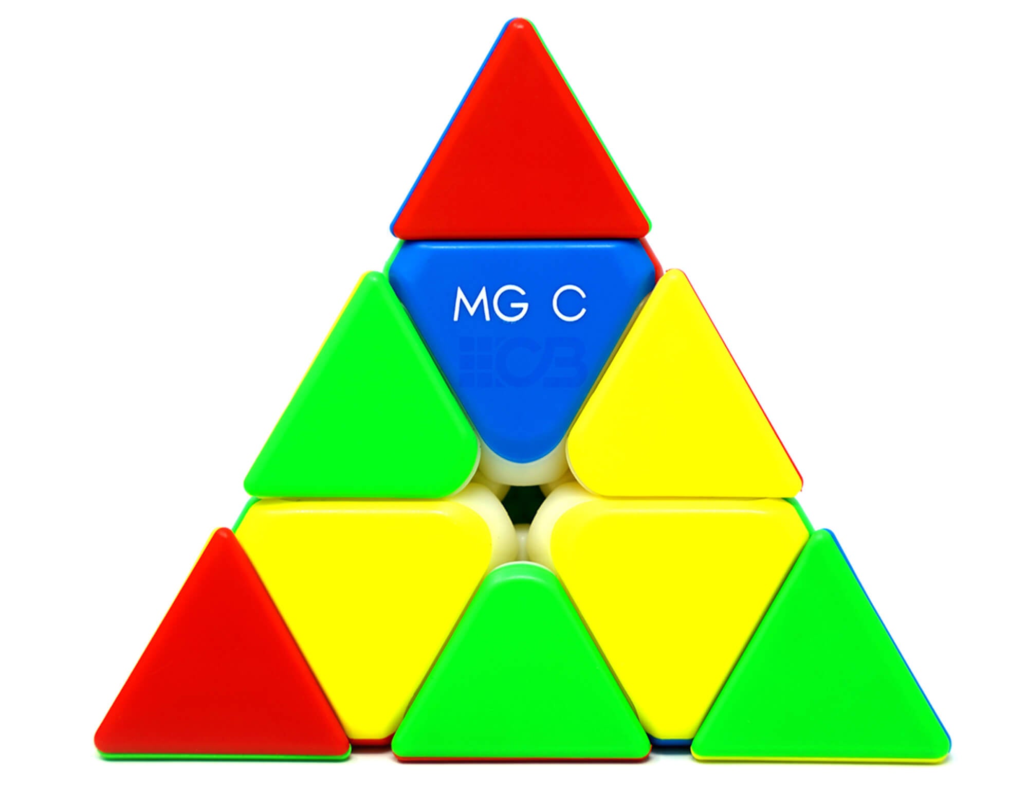 Pyraminx YJ MGC Evo magnético stickerless — vista frontal com as quatro faces coloridas