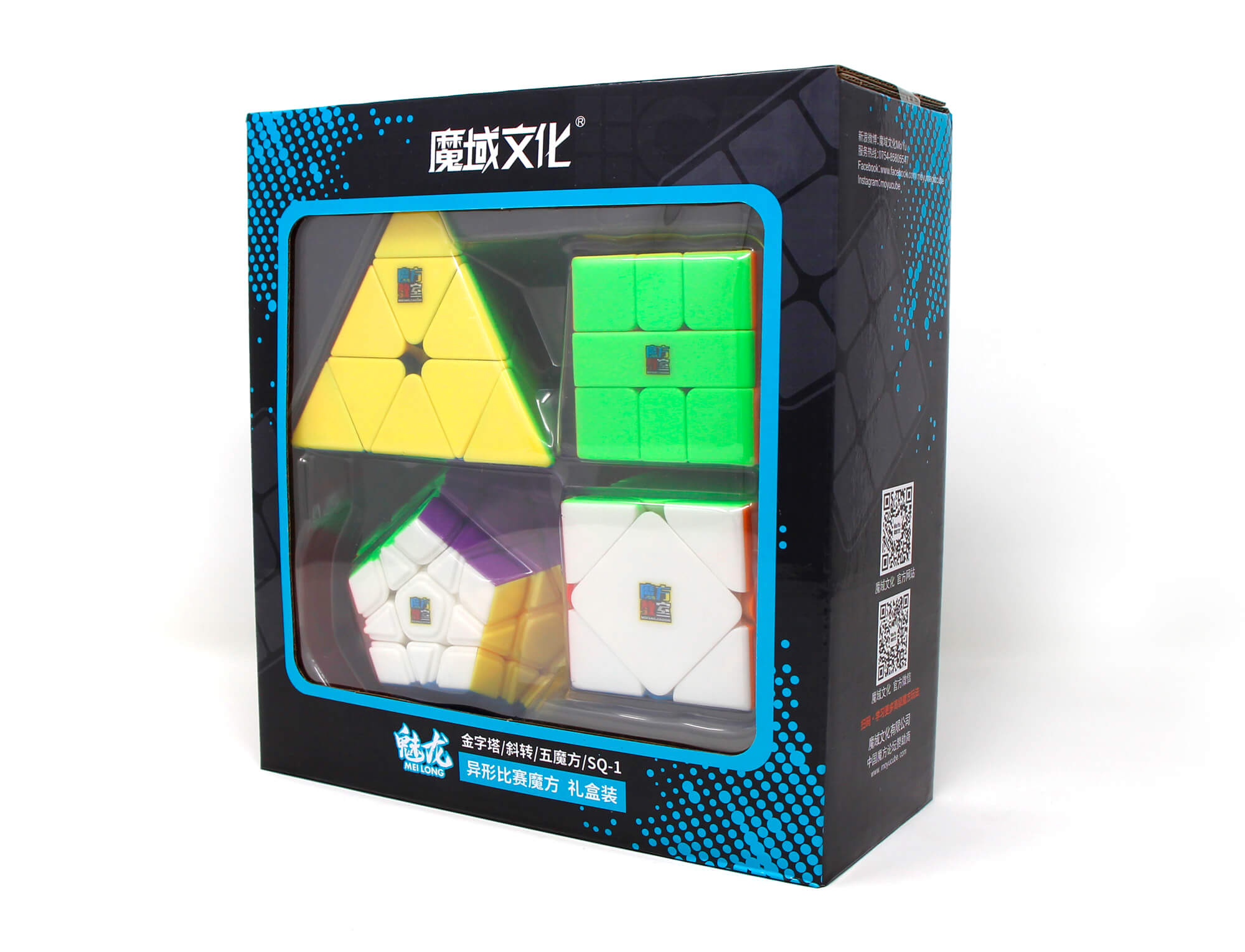 Detalhe dos quatro cubos do kit MoYu exibindo acabamento stickerless com cores vibrantes