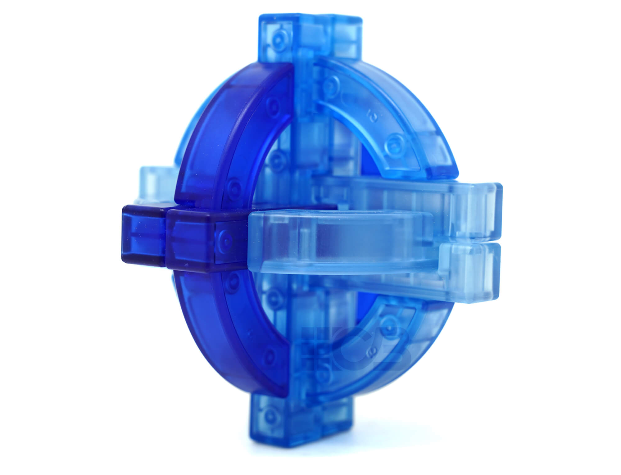 Kong Ming Lock Sphere azul translúcido QiYi — vista frontal do quebra-cabeça montado